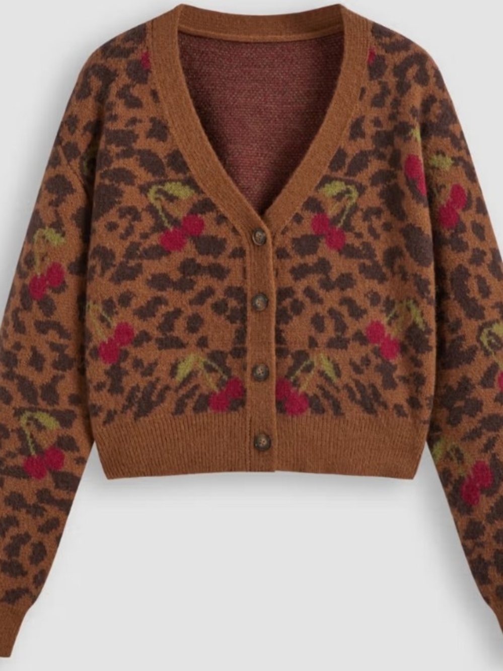 NWT Cider Brown Leopard V-Neck Cardigan with Red Cherry Novelty Print - Picture 6 of 7